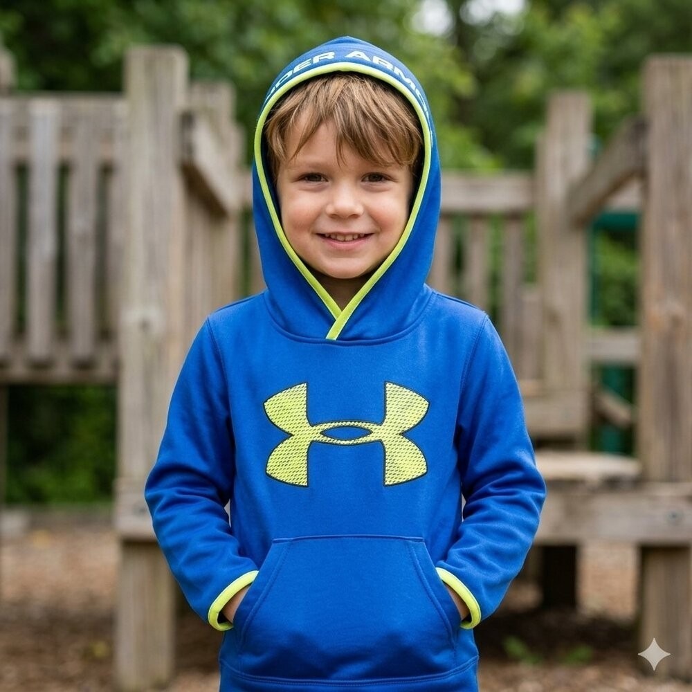 Under Armour Boys Fleece Big Logo Hoodie‎ Size 4 Blue Neon Yellow Pullover